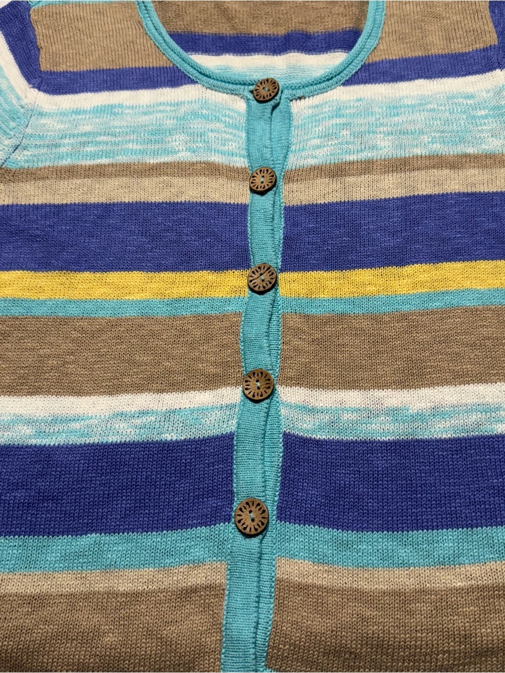 Lulu B Women’s XL Striped Knit Cardigan Sweater Blue Tan Yellow 100% Cotton - Picture 2 of 11